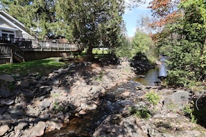 A natural outdoor area with a stream, rocks, and trees.