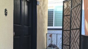 A black door with a doormat, a potted plant, and a small pumpkin on the porch.