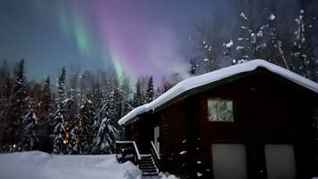 A cabin with a snow-covered roof, surrounded by snow-covered trees, under a night sky with aurora borealis.