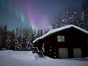 A cabin with a snow-covered roof, surrounded by snow-covered trees, under a night sky with aurora borealis. - Tucked Away Timber Lower Suite (Fairbanks)