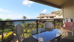 Uma varanda com mesa e cadeiras de vidro, com vista para um jardim ajardinado e um edifício com vista para o oceano.