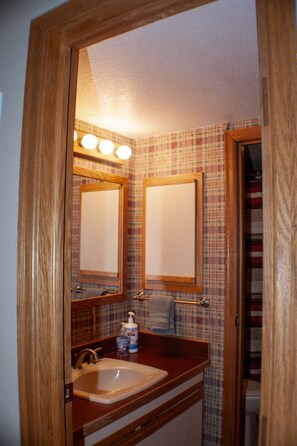 Combined shower/bathtub, hair dryer, towels, soap