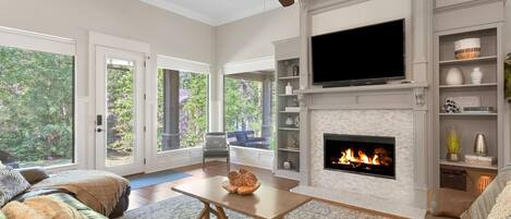 Smart TV, fireplace, DVD player, video library