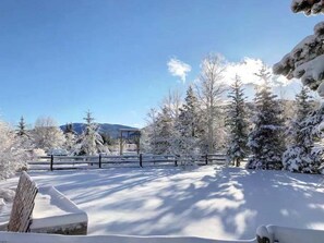 Un parque cubierto de nieve, con árboles y un banco.
