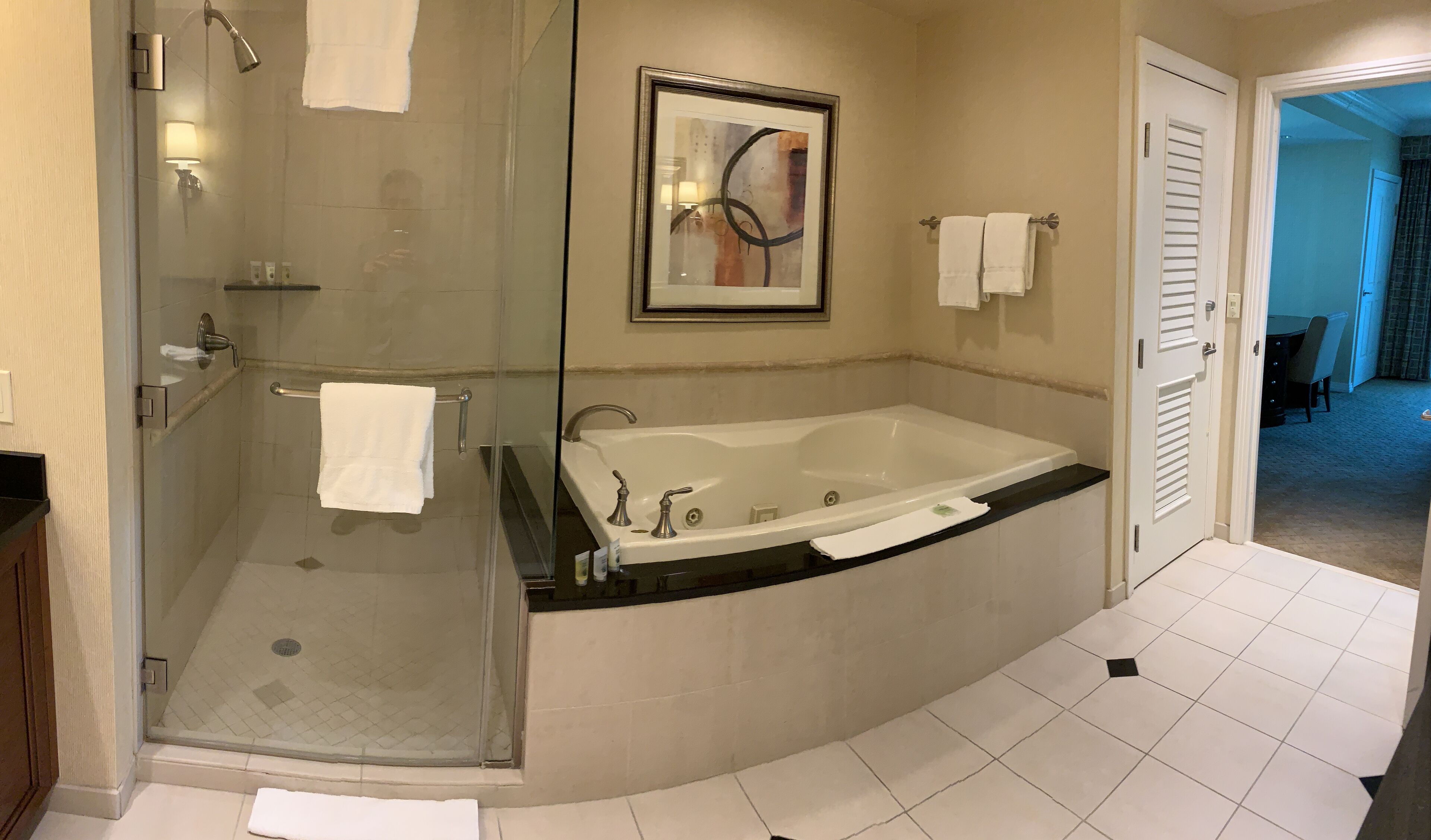 Shower, jetted tub, hair dryer, towels