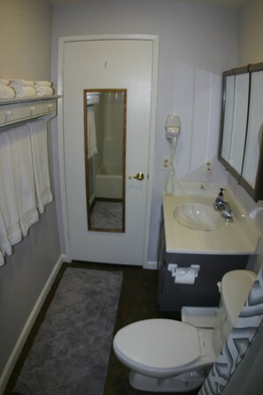 Combined shower/tub, hair dryer, towels, soap - Charming Studio  (Mammoth Lakes)