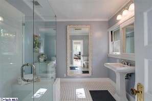 Combined shower/bathtub, hair dryer, towels, soap