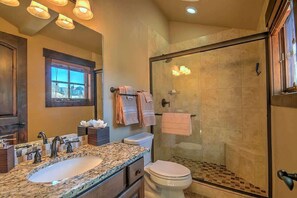 Combined shower/bathtub, hair dryer