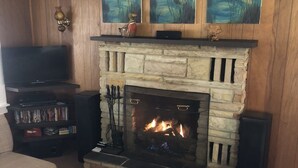 Una sala de estar con chimenea de piedra, televisor y estantería.
