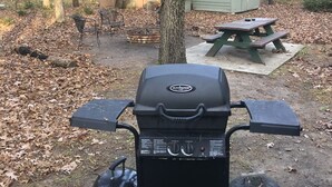 Un patio trasero con una parrilla, una mesa de picnic y un cobertizo.