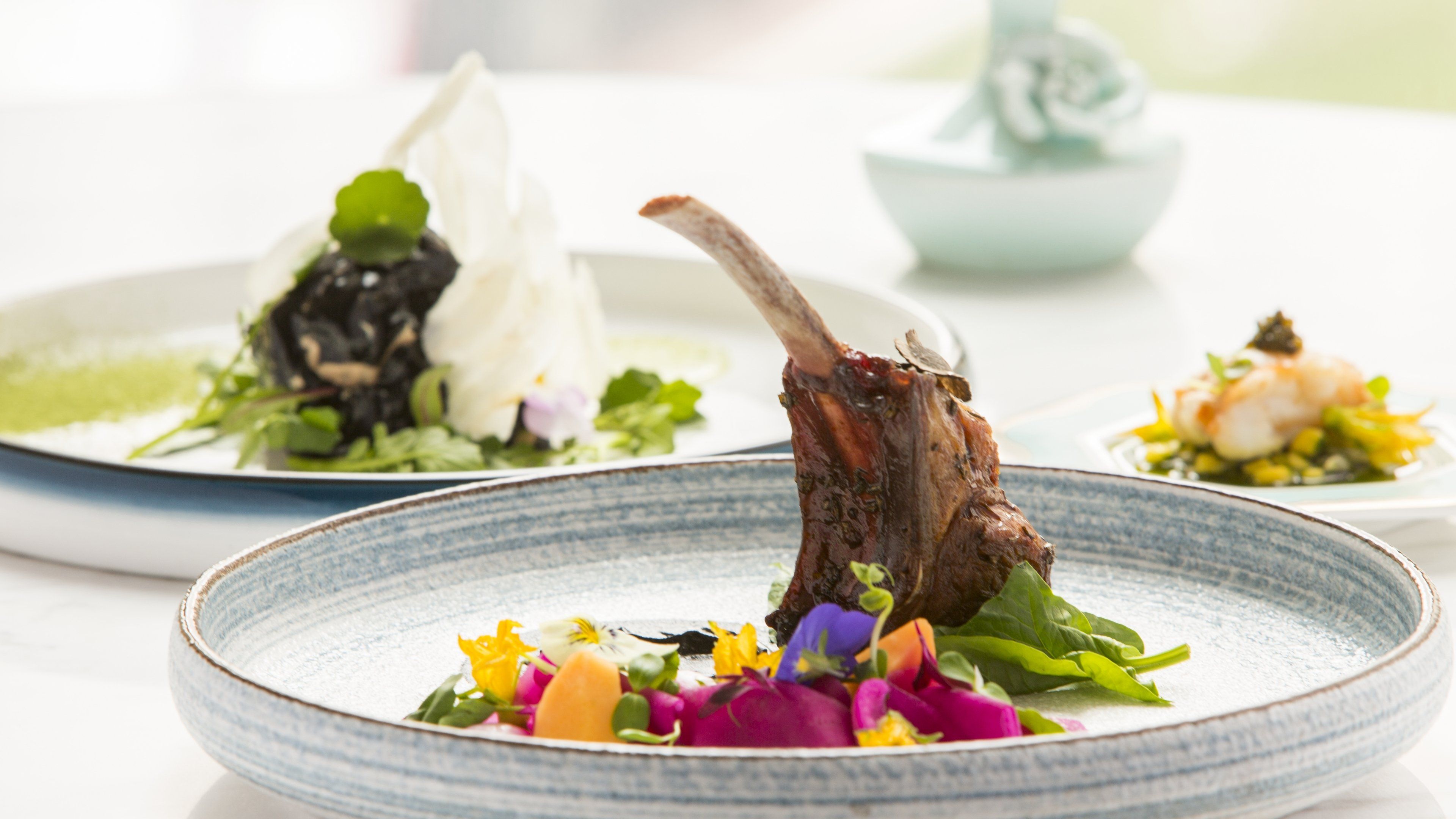 A dining table with plates of food, including a lamb shank and various vegetables.