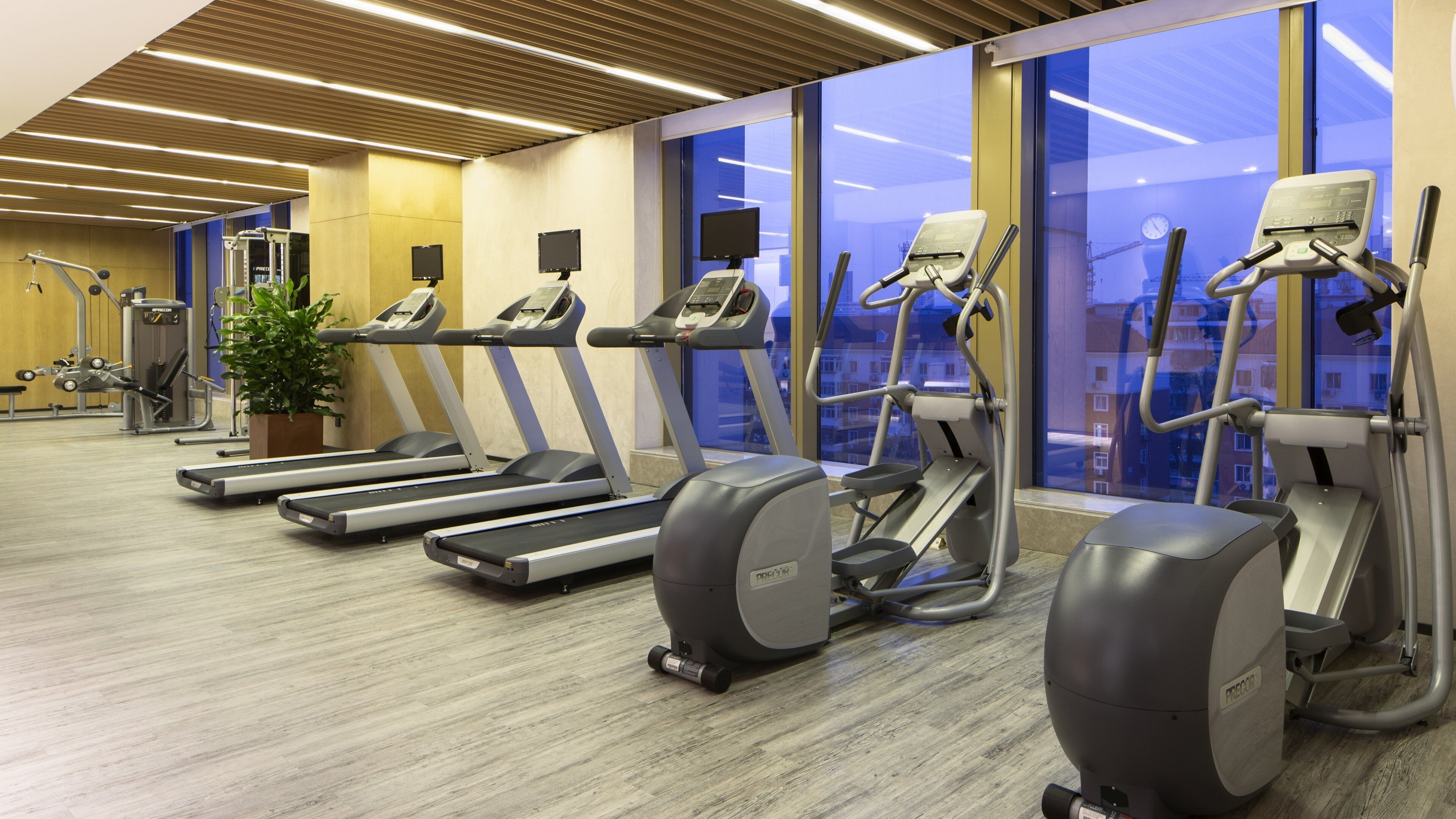 Une salle de sport équipée de tapis de course, d’appareils elliptiques et d’un vélo d’appartement.