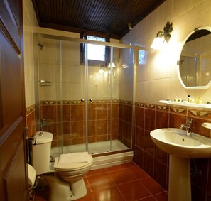 A bathroom with a glass-enclosed shower, a toilet, and a sink with a mirror above it. - Hotel Yorgo Seferis (Urla)