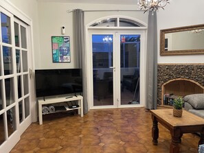 TV connectée, cheminée, lecteur de DVD, livres