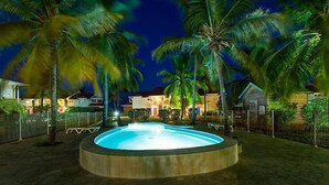 Ein Schwimmbecken, umgeben von Palmen und Häusern bei Nacht.