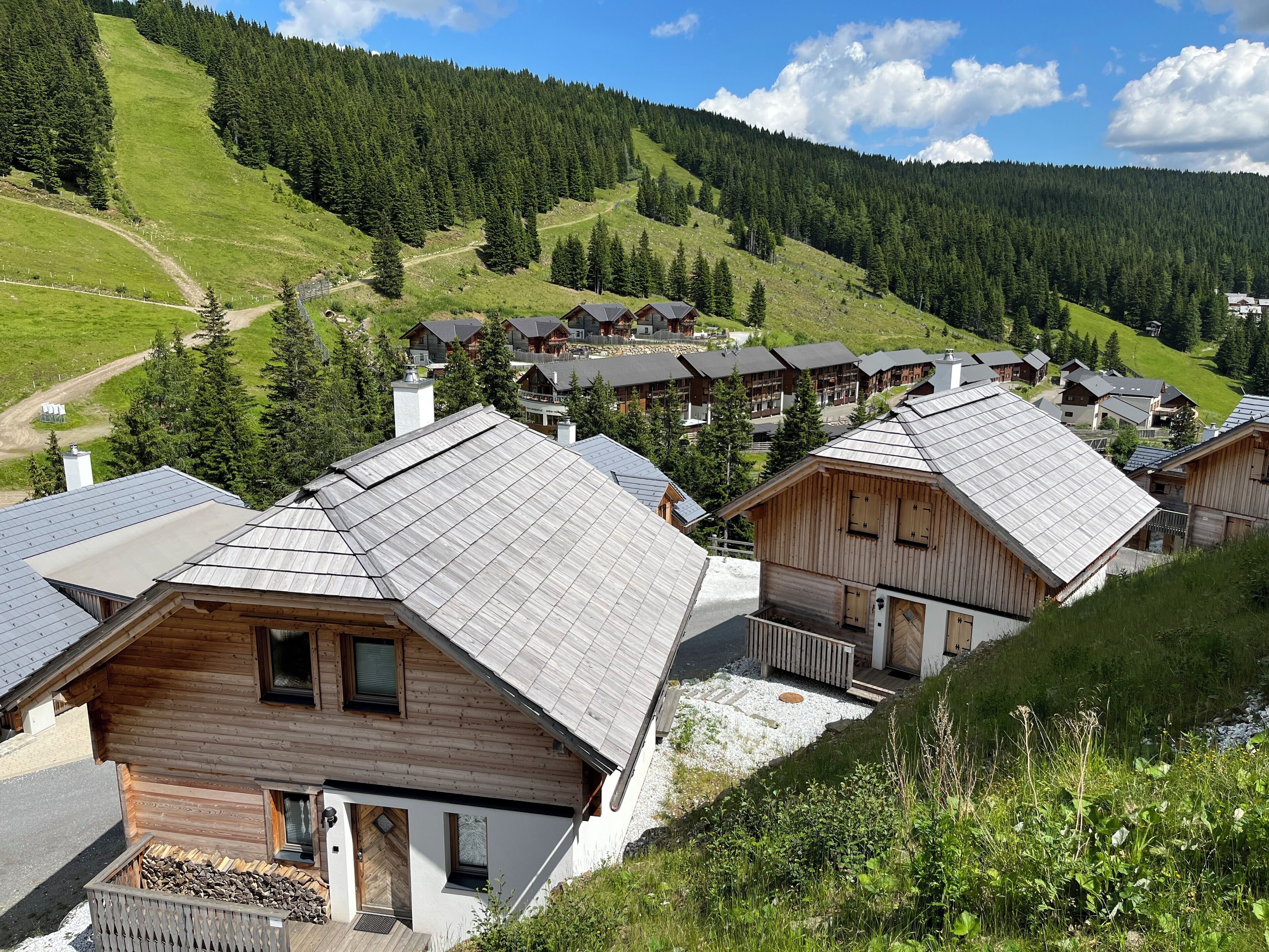 Un ensemble de chalets en bois aux toits inclinés, entourés d’un paysage montagneux et d’une forêt dense.