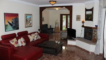 TV connectée, cheminée, lecteur de DVD, table de tennis de table