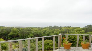 A balcony with a wooden railing overlooking a lush green landscape and the ocean. - HOUSE COAST, on Faial Island, Azores (HORTA)