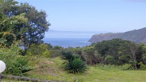 A coastal landscape with a view of the ocean, dense greenery, and a clear sky. - HOUSE COAST, on Faial Island, Azores (HORTA)