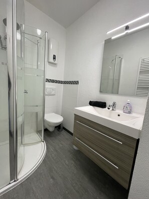 Shower, hair dryer, towels, toilet paper