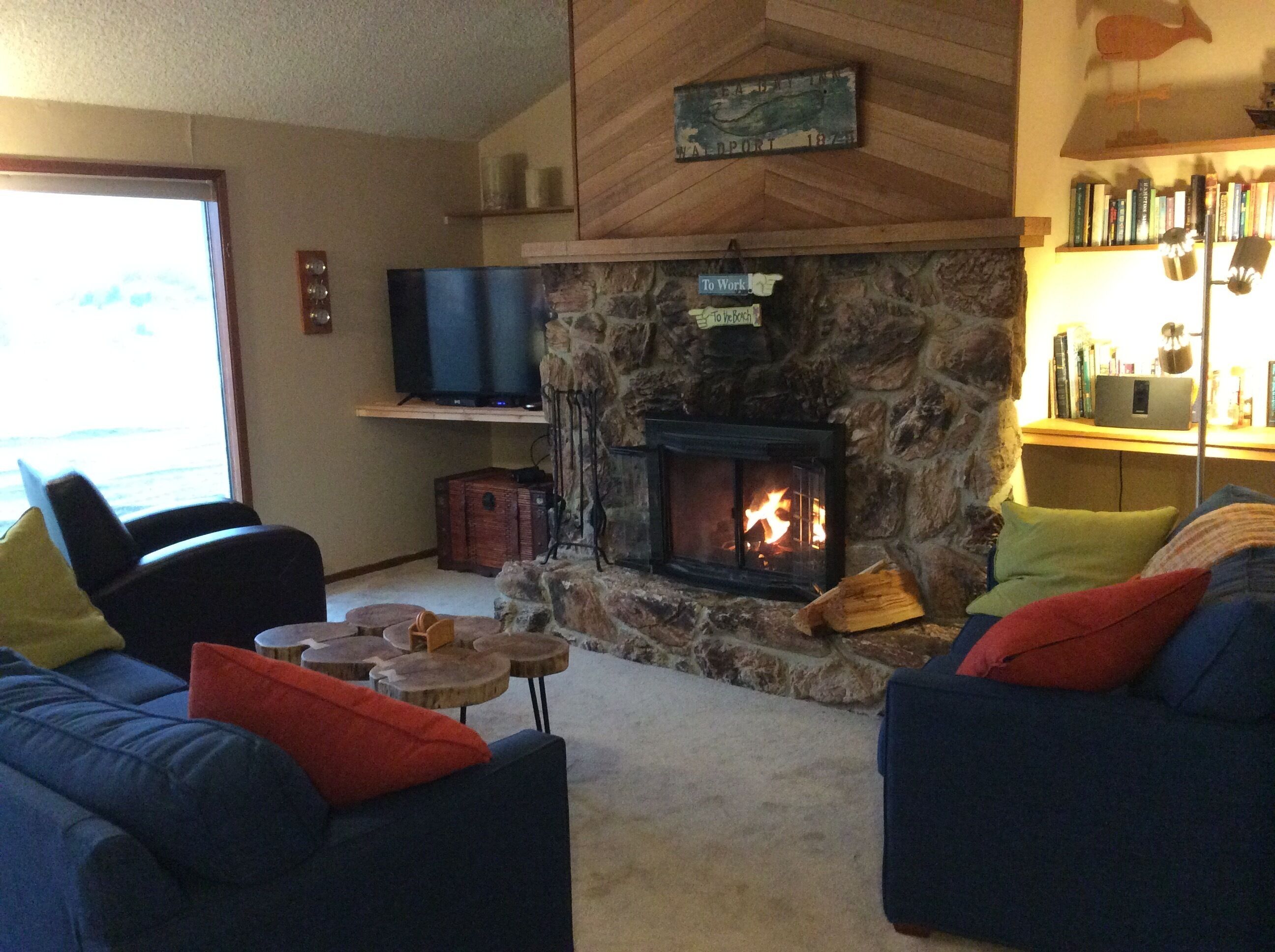 Smart TV, fireplace, books, stereo