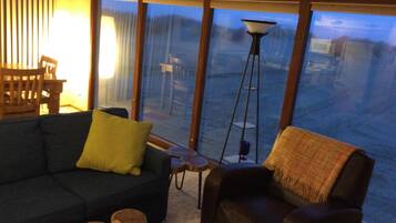 Smart TV, chimenea, libros y estéreo
