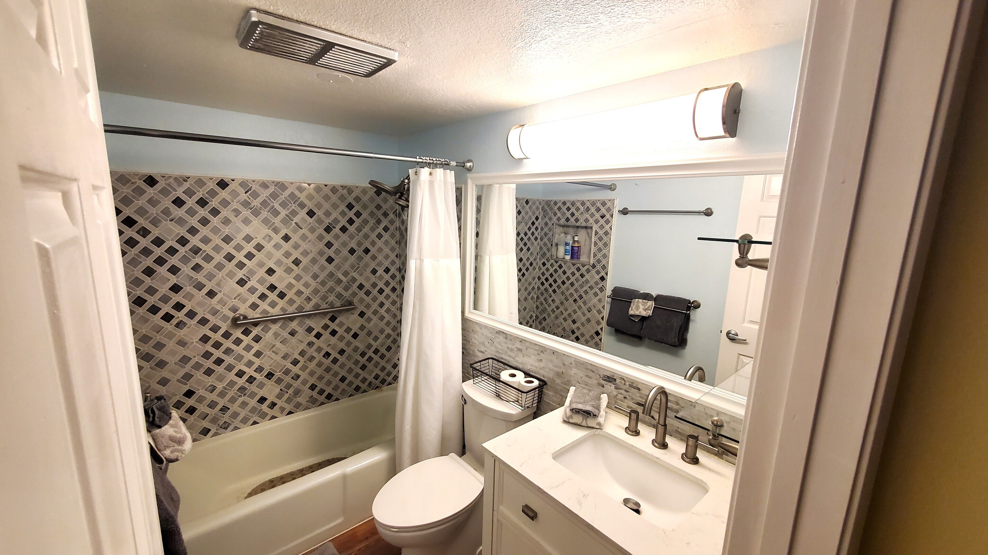 Hair dryer, towels, shampoo