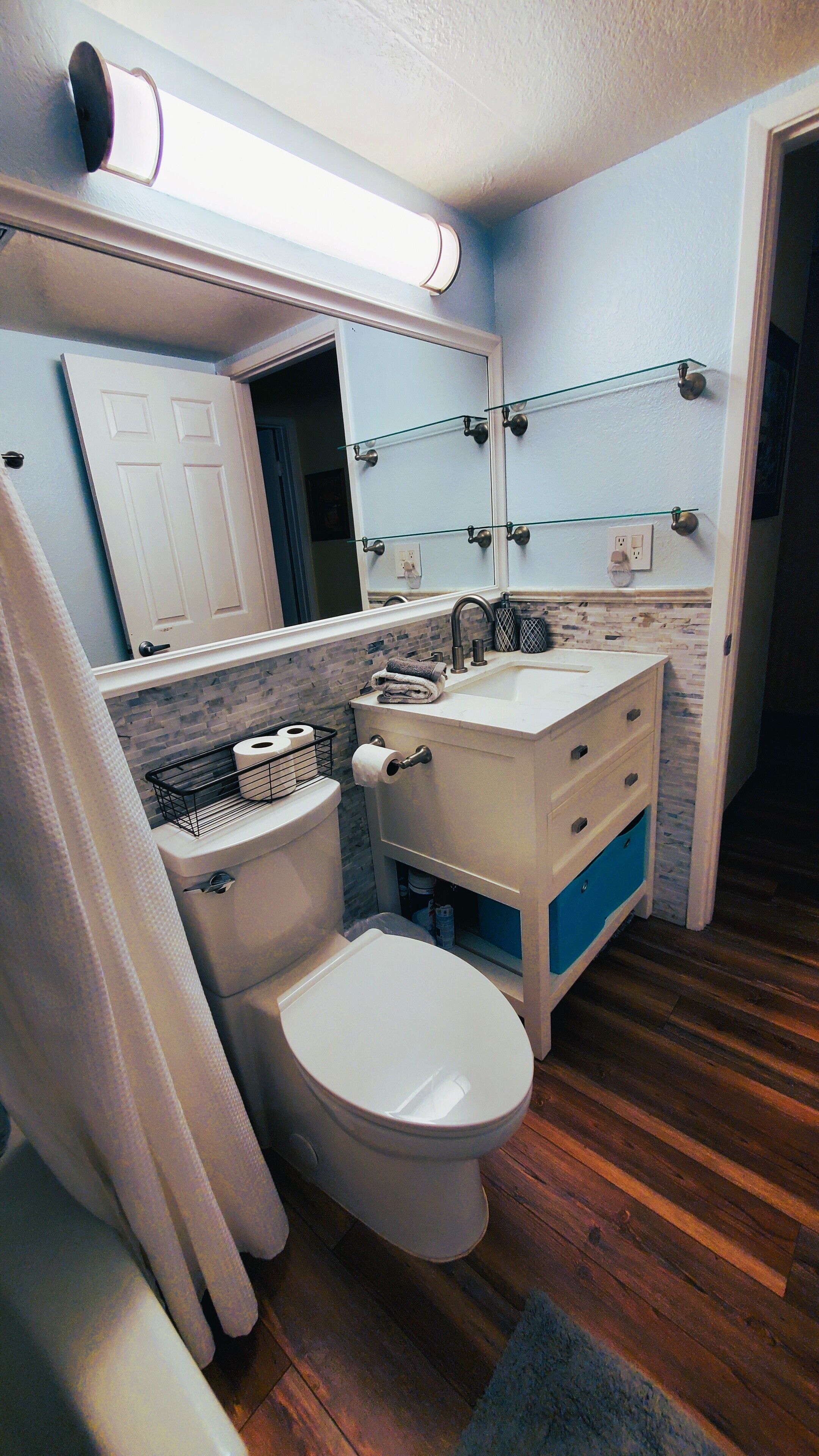 Hair dryer, towels, shampoo