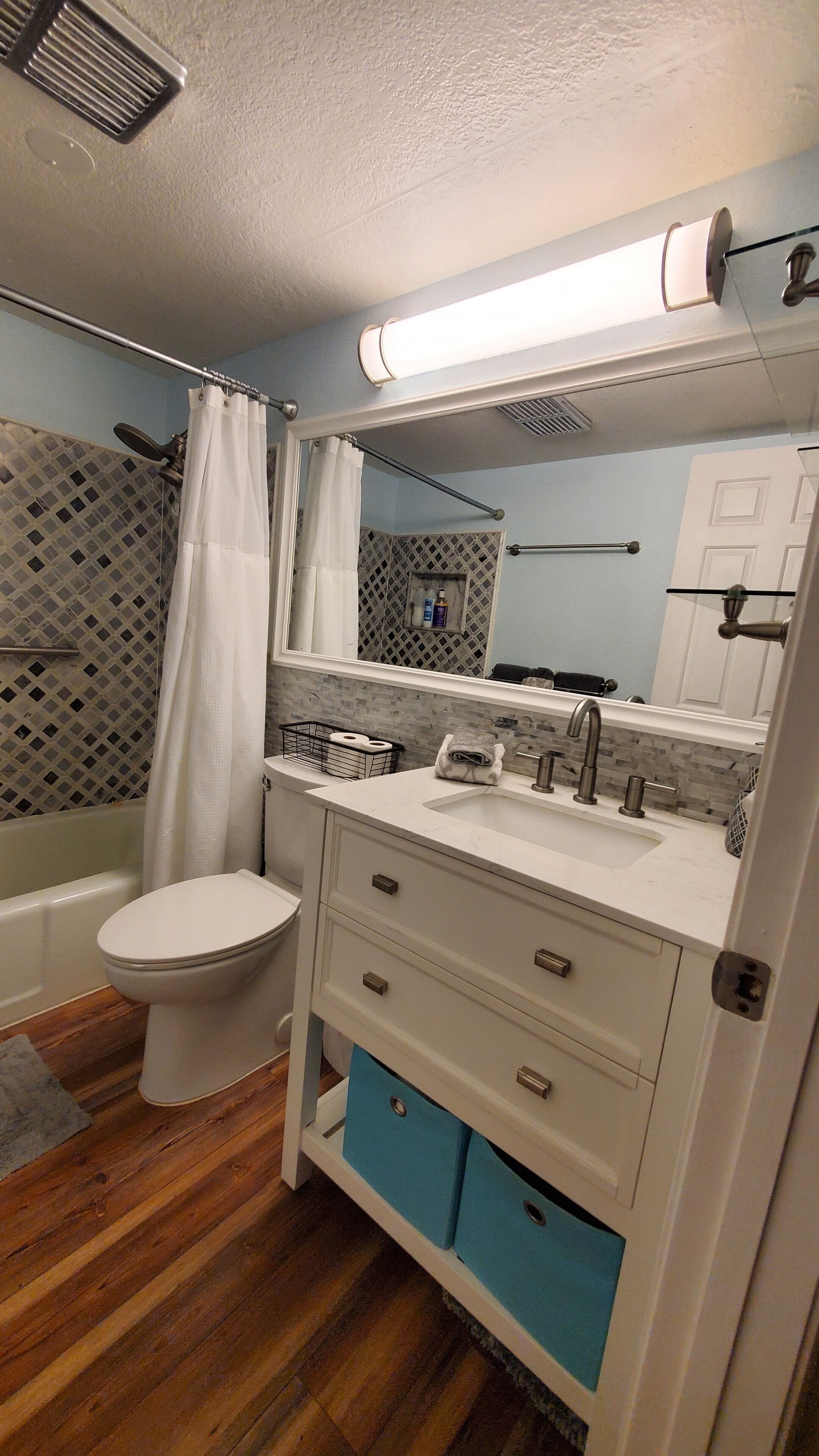 Hair dryer, towels, shampoo