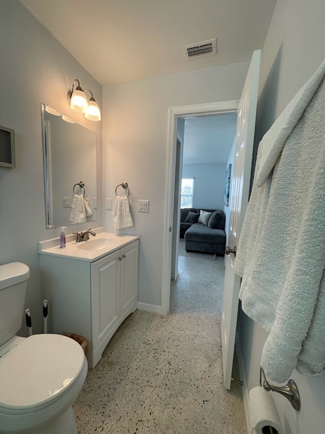 A bathroom with a toilet, sink, and mirror. There is a towel rack with towels, a shower area, and a hallway leading to a living room with a couch.