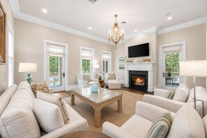 TV, fireplace - Elegant Camp District Home with Electric Cart, 6 Bikes & Watercolor Beach Club Access (Santa Rosa Beach)