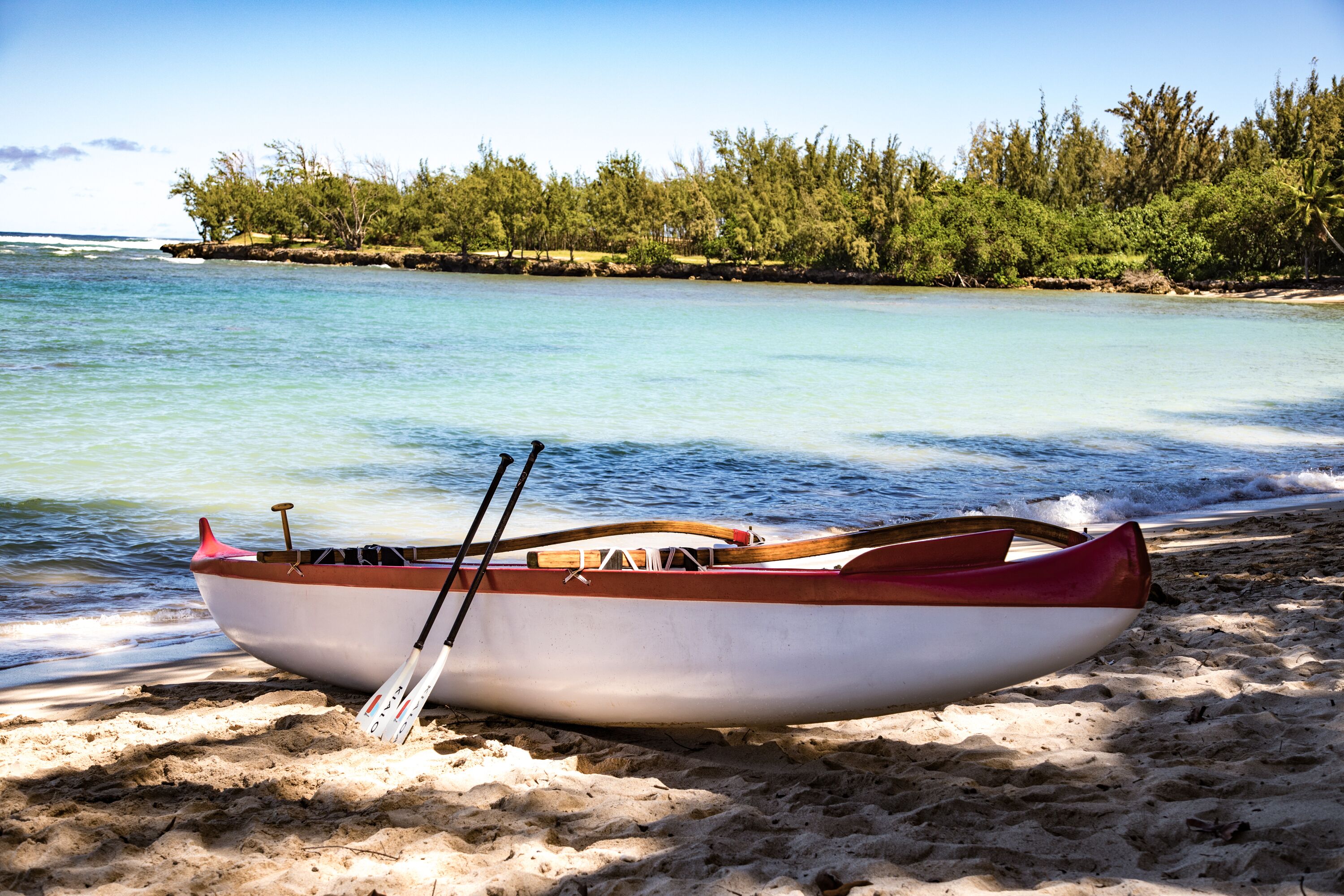 Ein Boot am sandigen Strand, ruhiges Wasser und bewaldete Küste im Hintergrund.