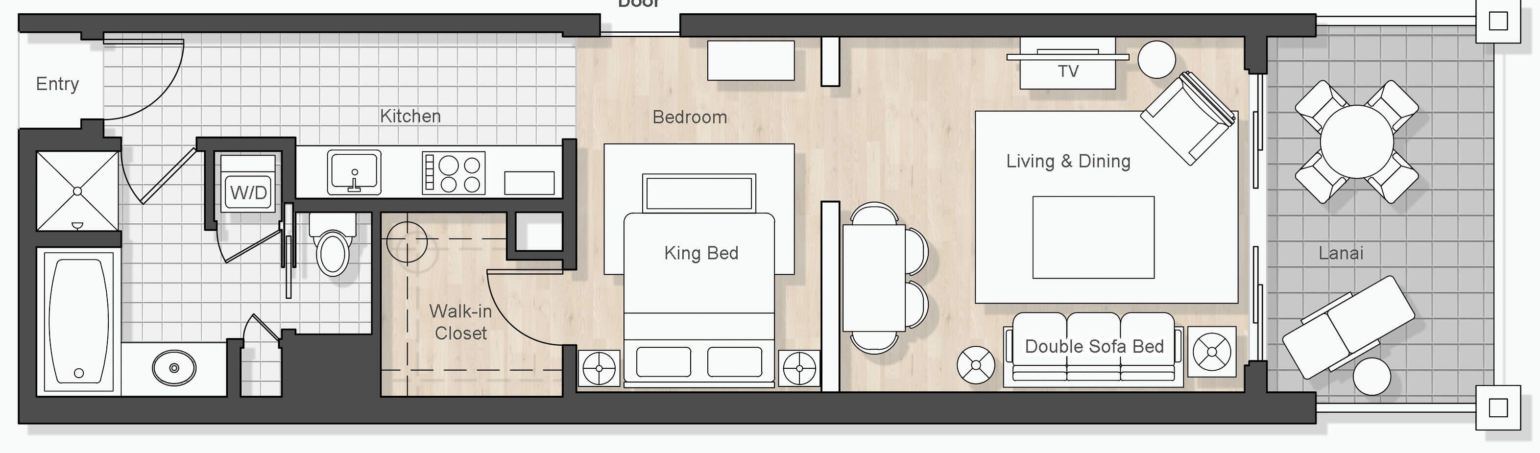 A floor plan with a kitchen, bedroom, living & dining area, and lanai.