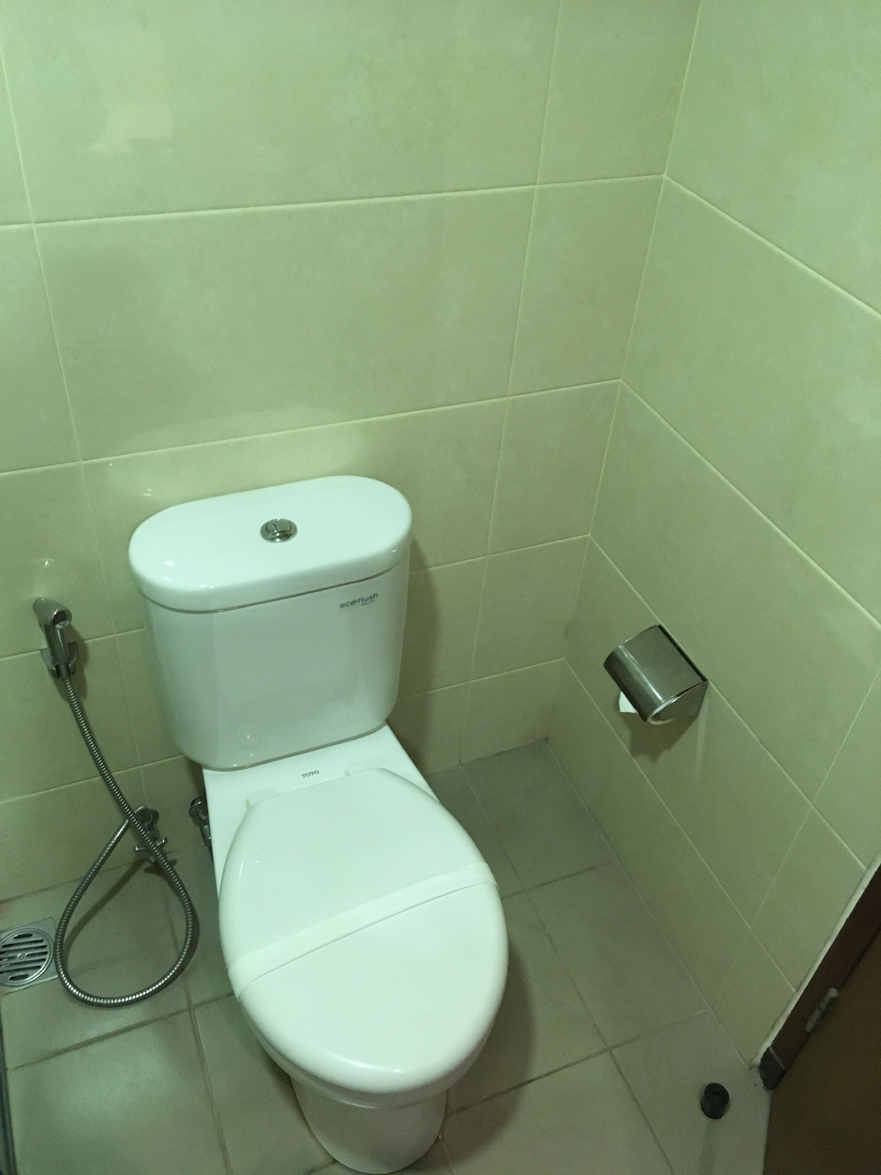 A small, clean bathroom with a white toilet, a hand dryer, and a shower hose.