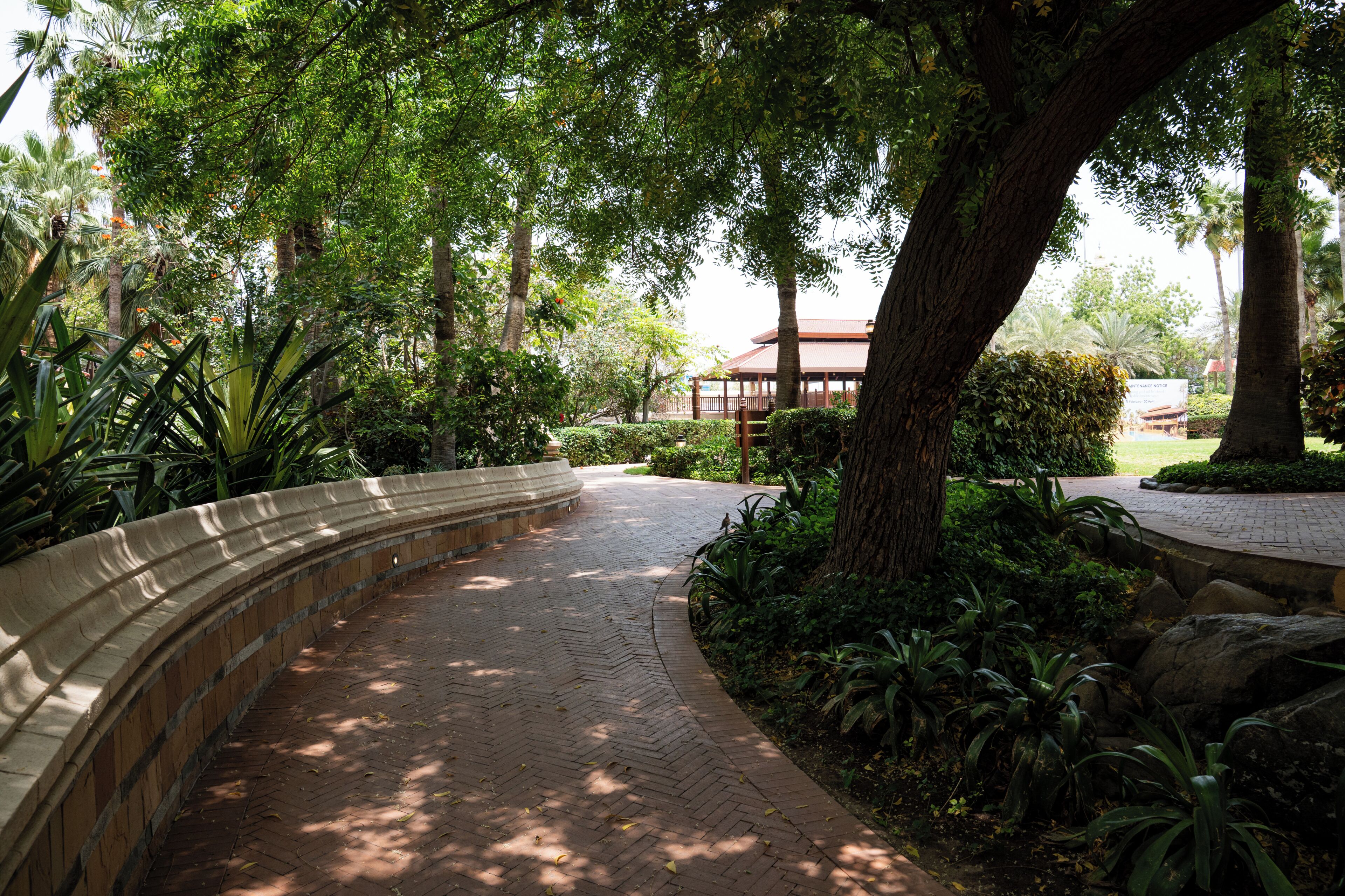 A curved brick pathway in a landscaped area with trees and shrubs.