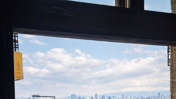 Vista desde un balcón con vista a un cuerpo de agua y el perfil urbano de una ciudad al fondo.