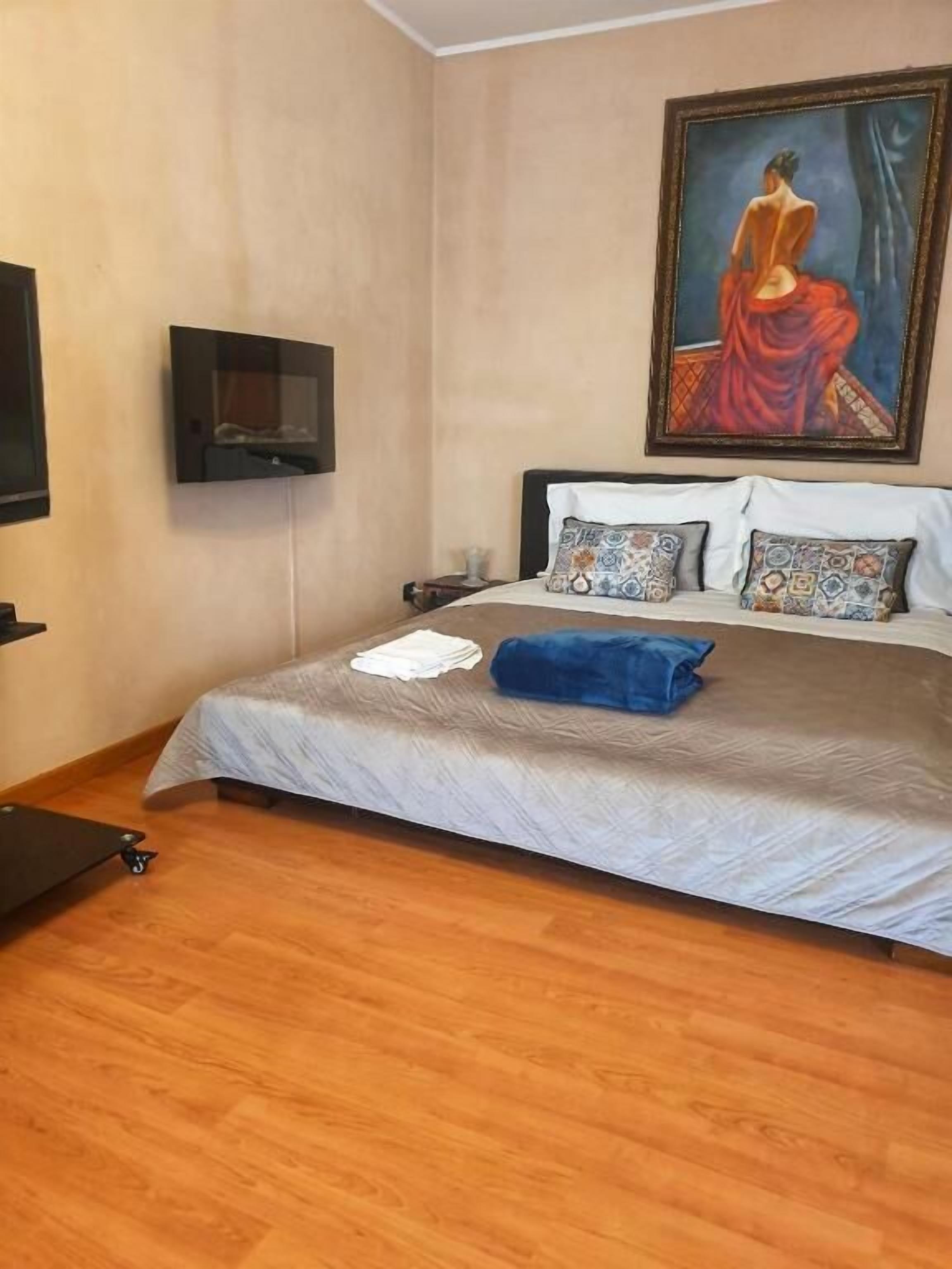 Habitación de hotel con cama, un cuadro en la pared, televisión de pantalla plana y suelo de madera.