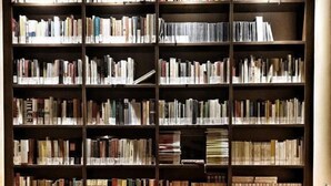 Uma estante grande e bem organizada cheia de livros, um banco de madeira e um quadro na parede.