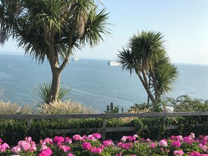 Enjoy breathtaking ocean views from this serene coastal retreat, surrounded by vibrant flowers and palm trees.