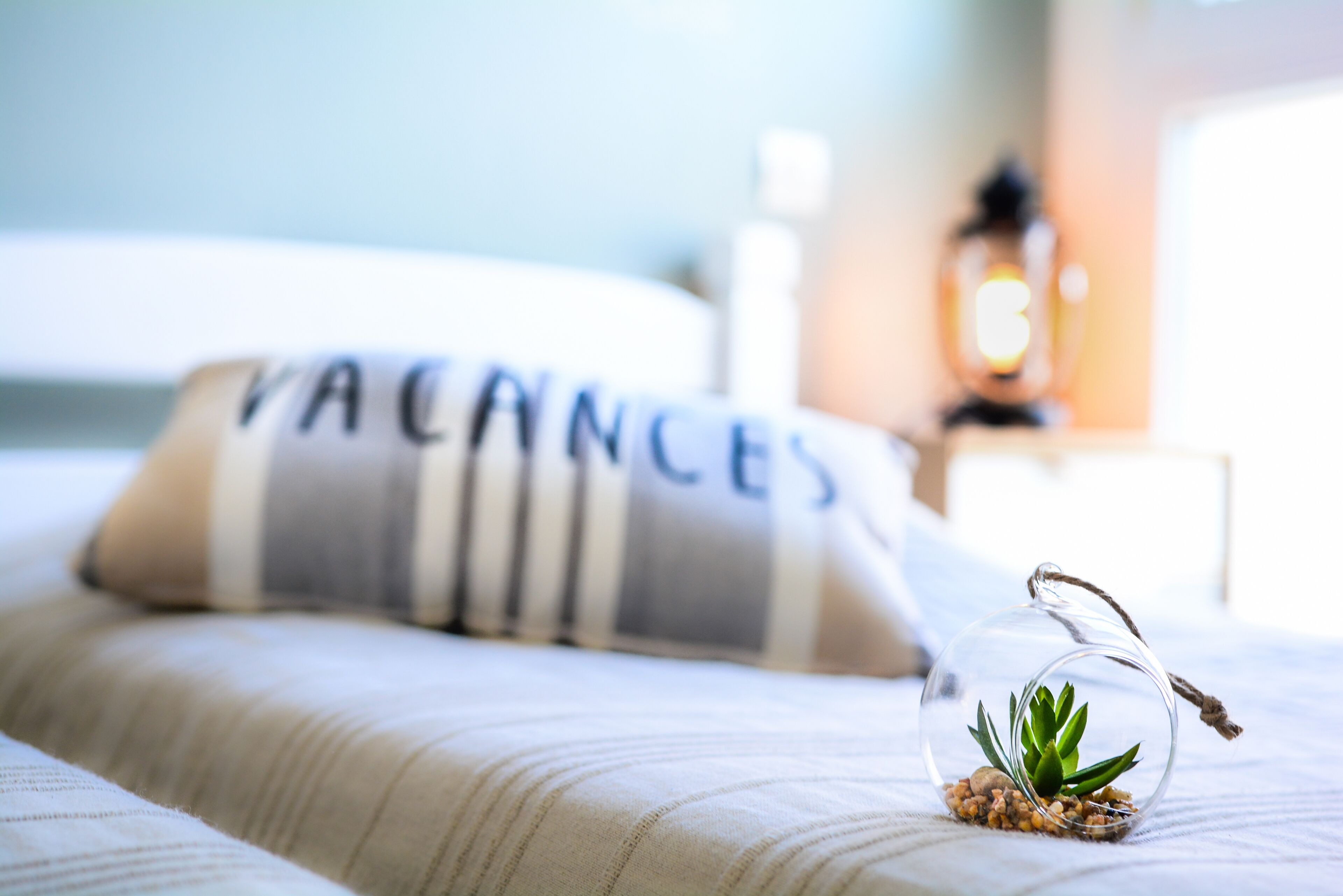 A bed with a pillow labeled "VACANCES" and a small glass terrarium with a succulent plant.