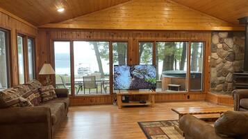 Smart TV, fireplace, books