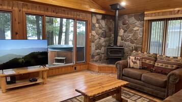 Smart TV, fireplace, books