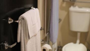 A bathroom with a toilet, a towel rack, and a shower area.