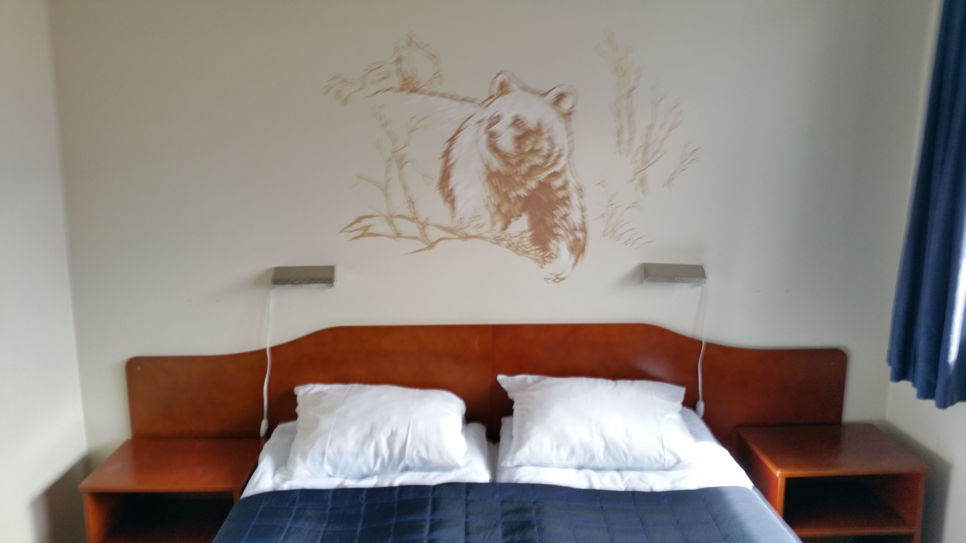 A bedroom with a bed, two pillows, a wooden headboard, and a wall mural.