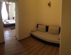 A room with a sofa, a bed, and a wooden floor. - La Maisonnette (Brasov)