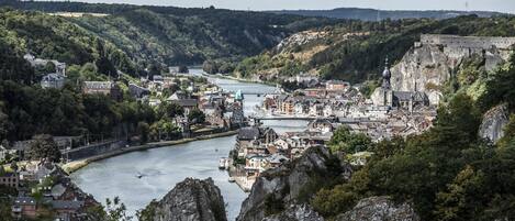 A riverside town with historic buildings, a bridge, and a castle-like structure.