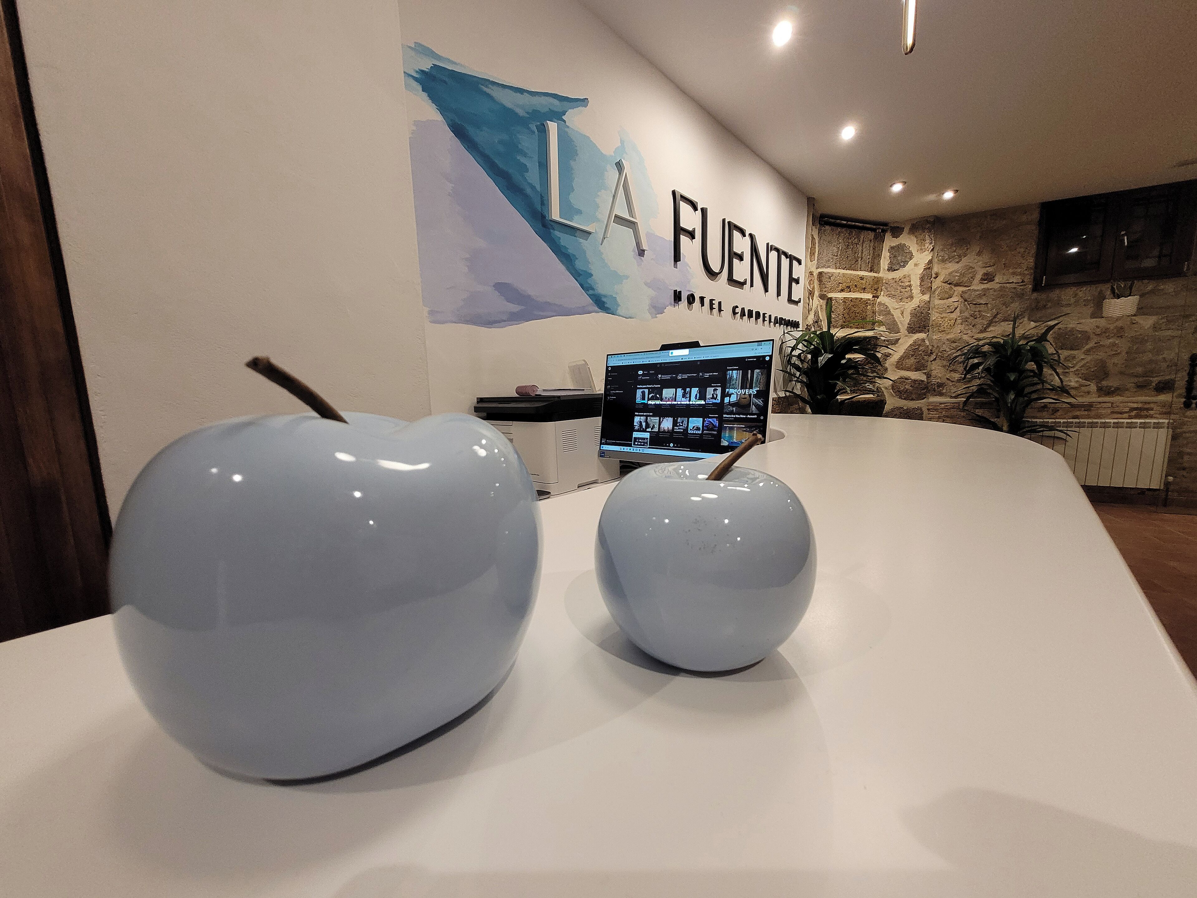 Un comptoir d’accueil est agrémenté de deux grands objets sphériques de couleur bleu clair, qui ressemblent à des pommes. Derrière le comptoir, un mur affiche le texte « LA FUENTE HOTEL CARPETA » et un écran d’ordinateur.