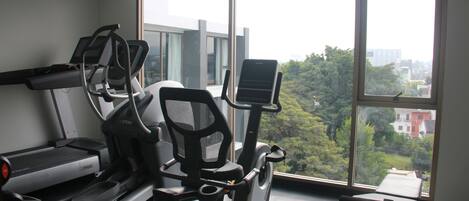 A gym with treadmills, stationary bikes, and a rowing machine, large windows with a city view.