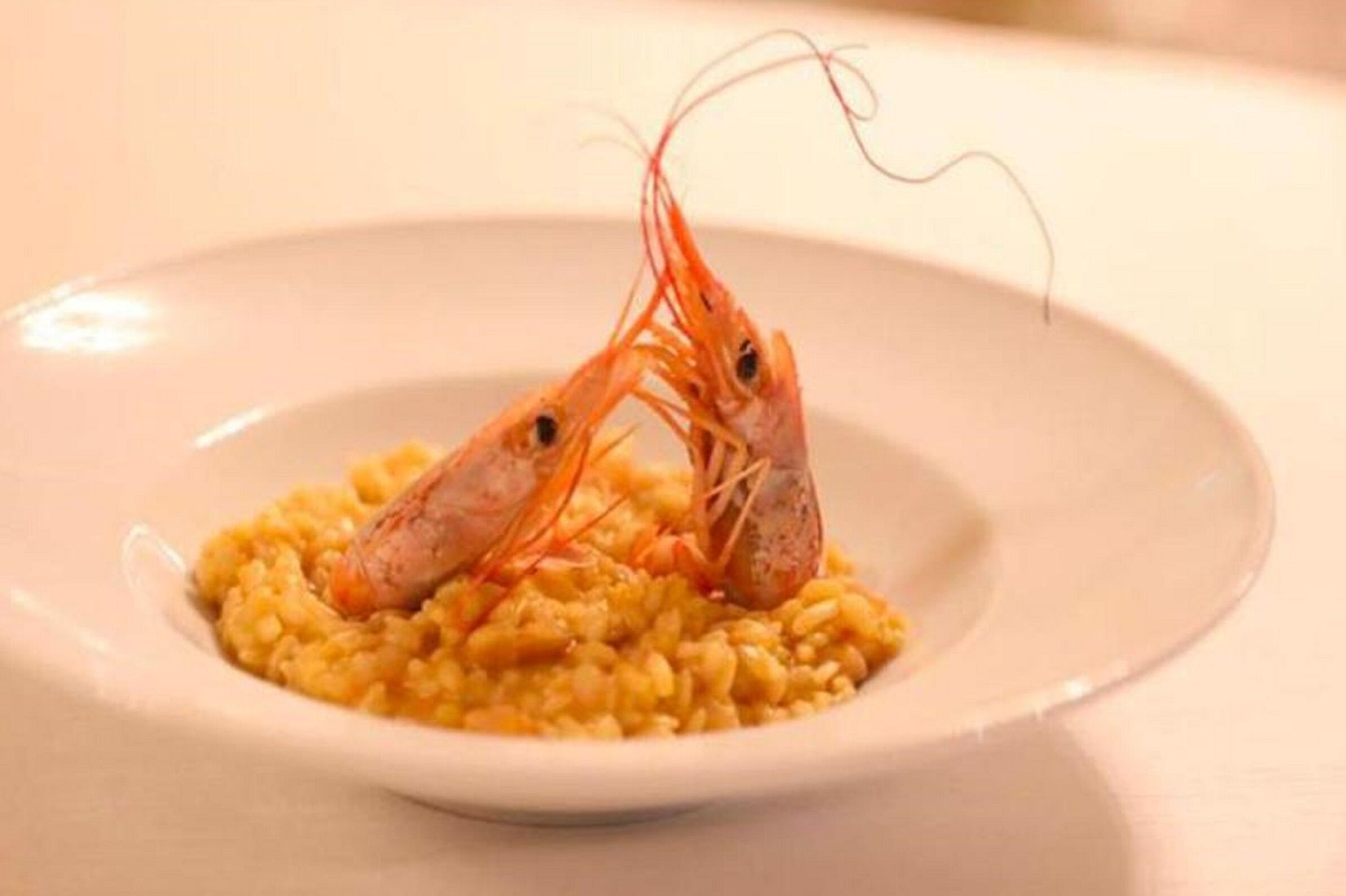 A plate of risotto with two shrimp on top.