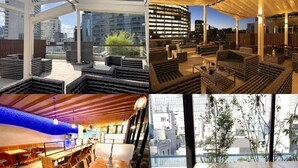 A modern rooftop bar with seating and a pool, a cozy dining area with wooden furniture, and a view of the city skyline. - Hotel Hillarys Akasaka (Tokyo)